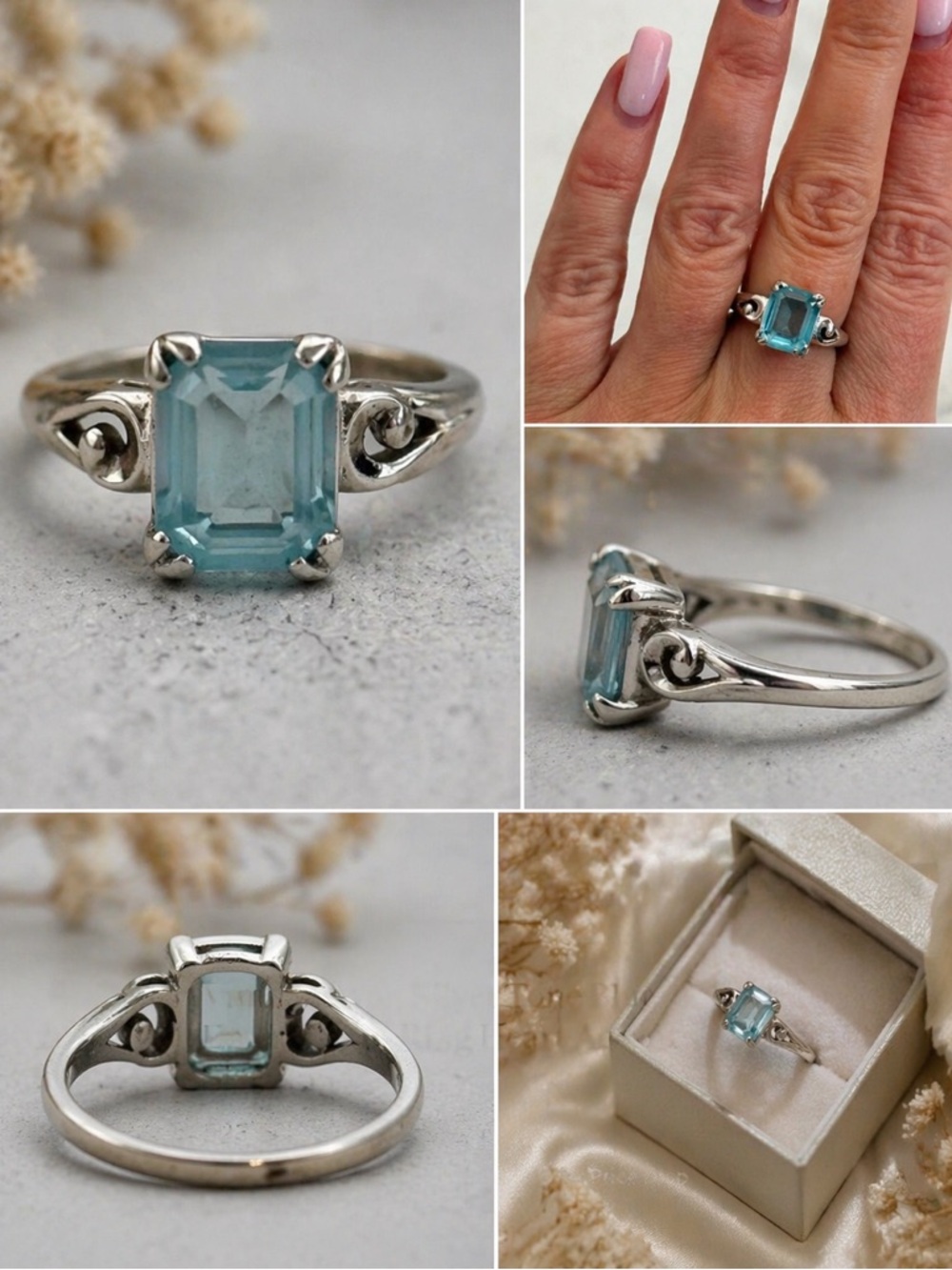 Vintage Avon Silver Tone Blue Emerald Cut Ring Heart Accent Size 7.5